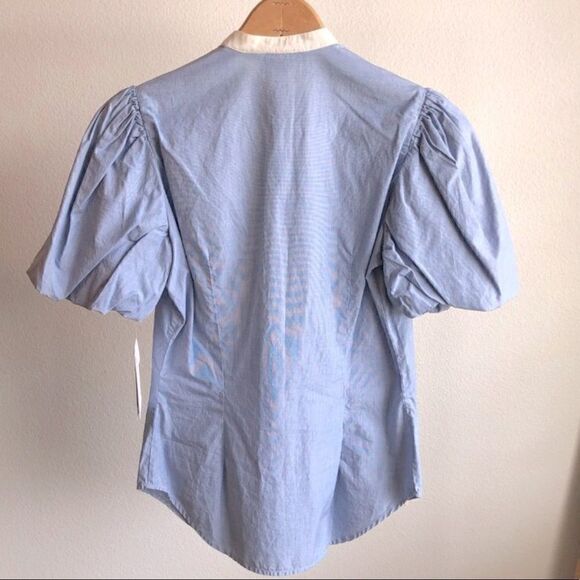 Ralph Lauren Blue & Off White Pouf Sleeve Bib Front Cotton Tuxedo Blouse - Picture 6 of 13